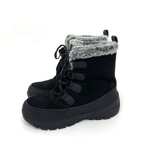 All In Motion Black Suede Leather Gray Faux Fur Trim Thermolite Winter Boots